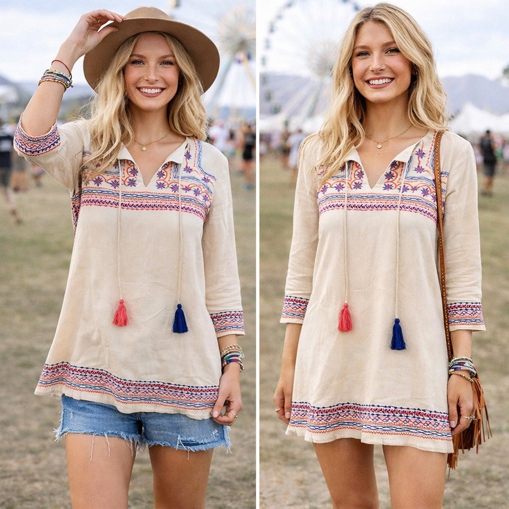 THML Embroidered Tunic‎ Top Boho Hippie Artisan Tassels Cream Women's Small